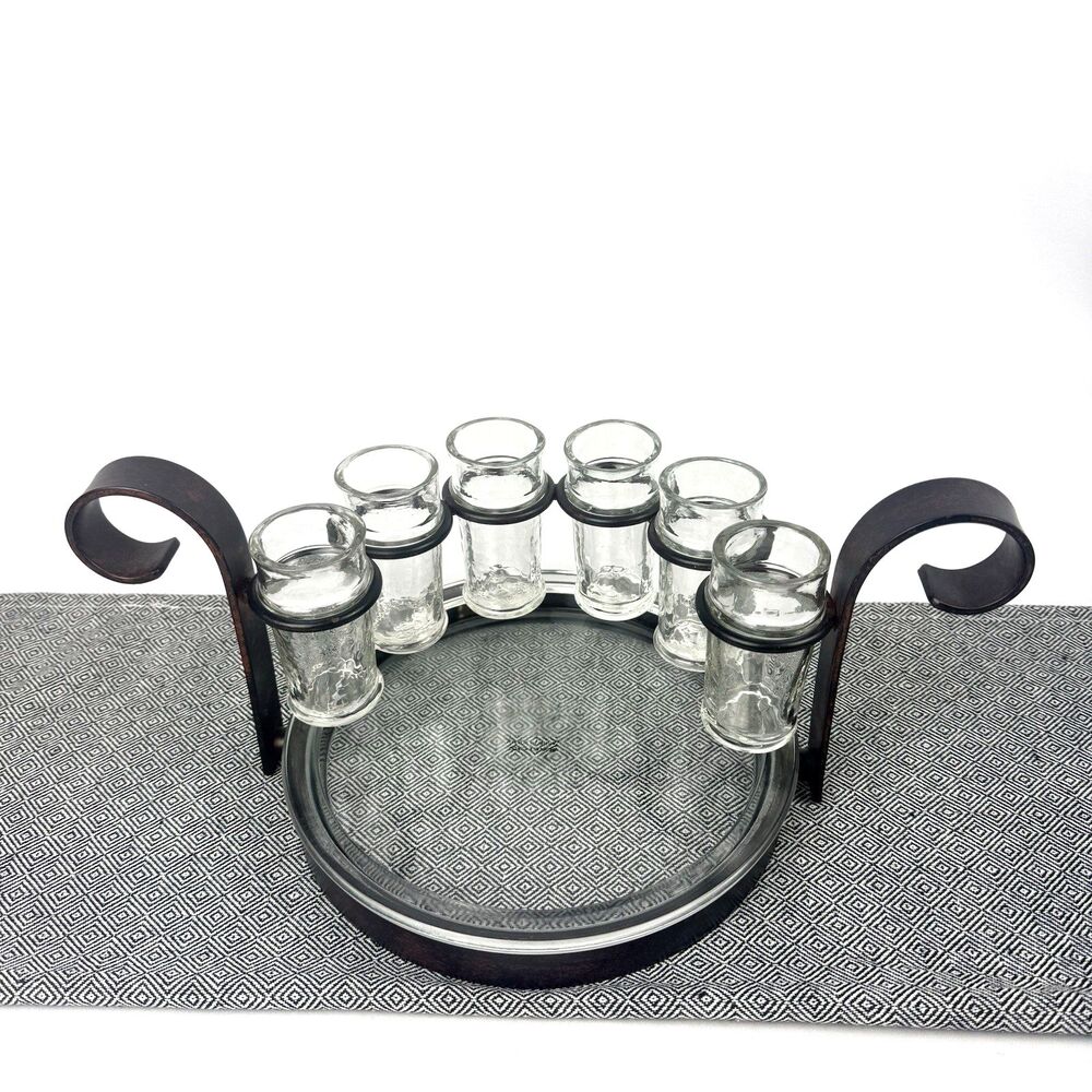 Zodax Regale Tequila 6 Shot Glass Serving Set Wrought Iron Holder Tray Caddy